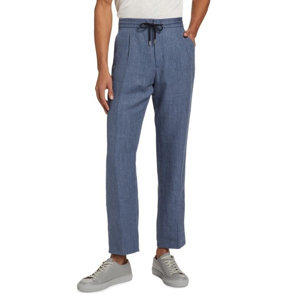 $850 NWT Brett Johnson Blue Linen Flat Frpmt Drawstring Trousers Pants 56(40)
